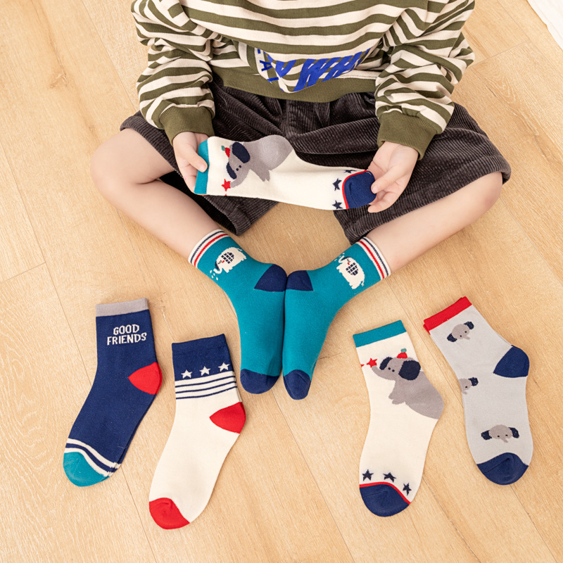 Cotton Crew Sock Pack - 5er-Pack Kindersocken für Jungen mit Cartoon-Elefanten-,